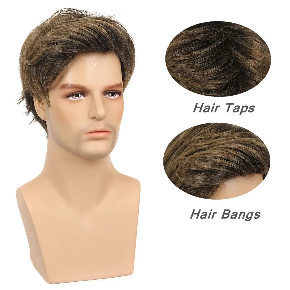 Kaneles Mens Wigs Short Straight Brown mix Natural Synthetic Cosplay Hair Wigs for Male Guy