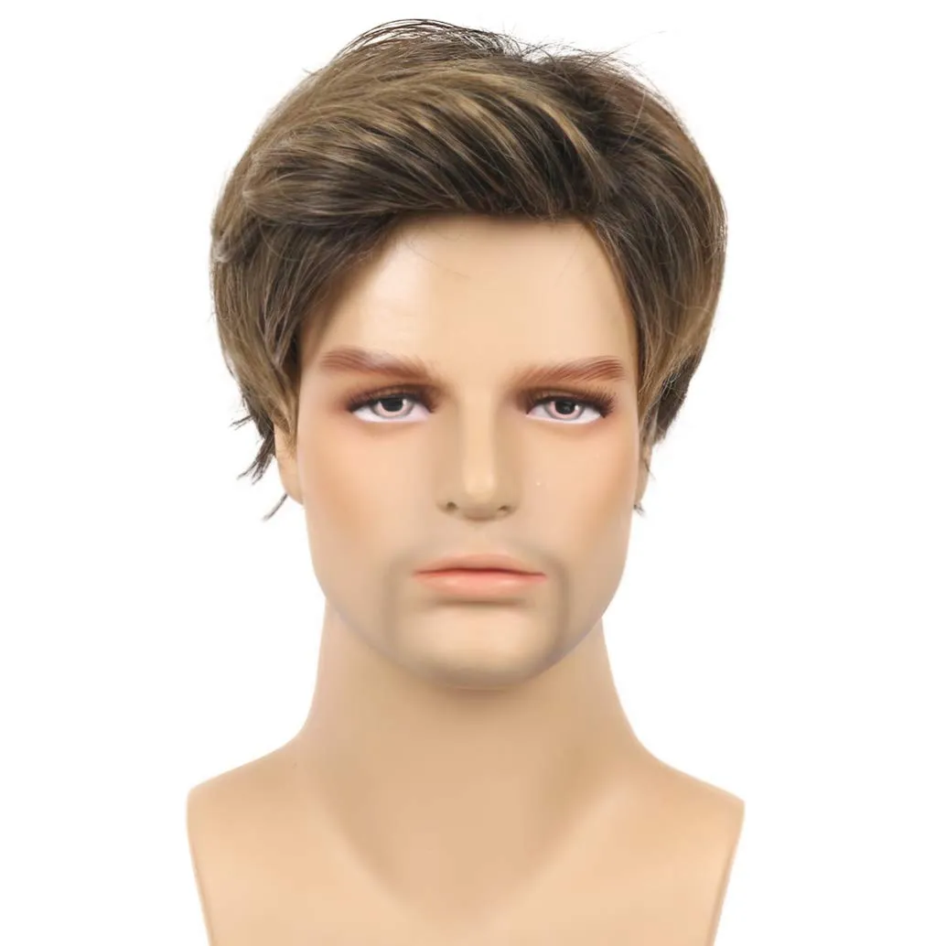 Kaneles Mens Wigs Short Straight Brown mix Natural Synthetic Cosplay Hair Wigs for Male Guy