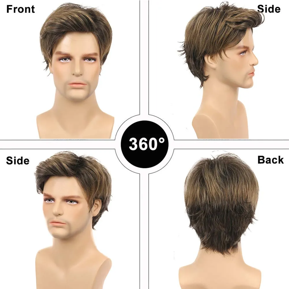 Kaneles Mens Wigs Short Straight Brown mix Natural Synthetic Cosplay Hair Wigs for Male Guy