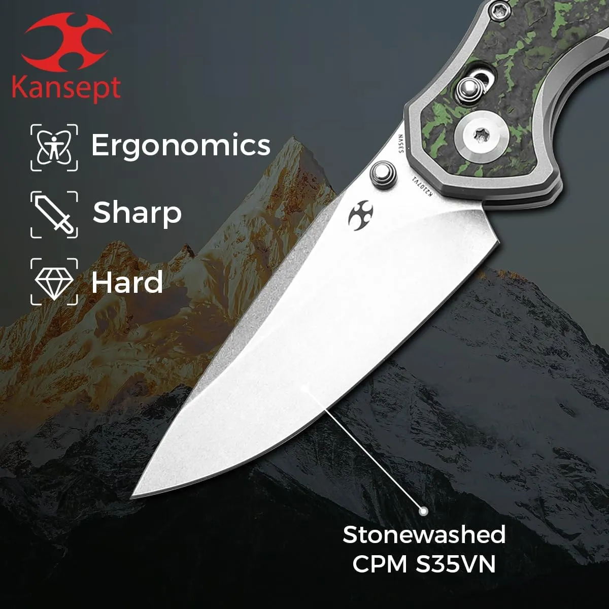 KANSEPT Apollo Pocket Knive, 3.11"Stonewashed CPM S35VN Blade, Titanium inlaid Jungle Fatcarbon Handle with Thumb Stud,Cross Bar Lock Folding for Men Women,Sharp Camping Survival Hiking Knives K2107V1