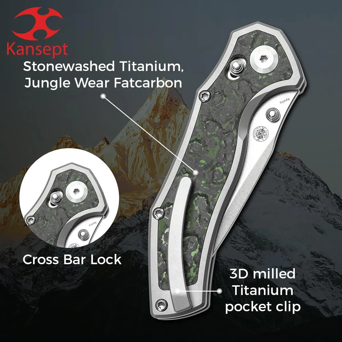 KANSEPT Apollo Pocket Knive, 3.11"Stonewashed CPM S35VN Blade, Titanium inlaid Jungle Fatcarbon Handle with Thumb Stud,Cross Bar Lock Folding for Men Women,Sharp Camping Survival Hiking Knives K2107V1