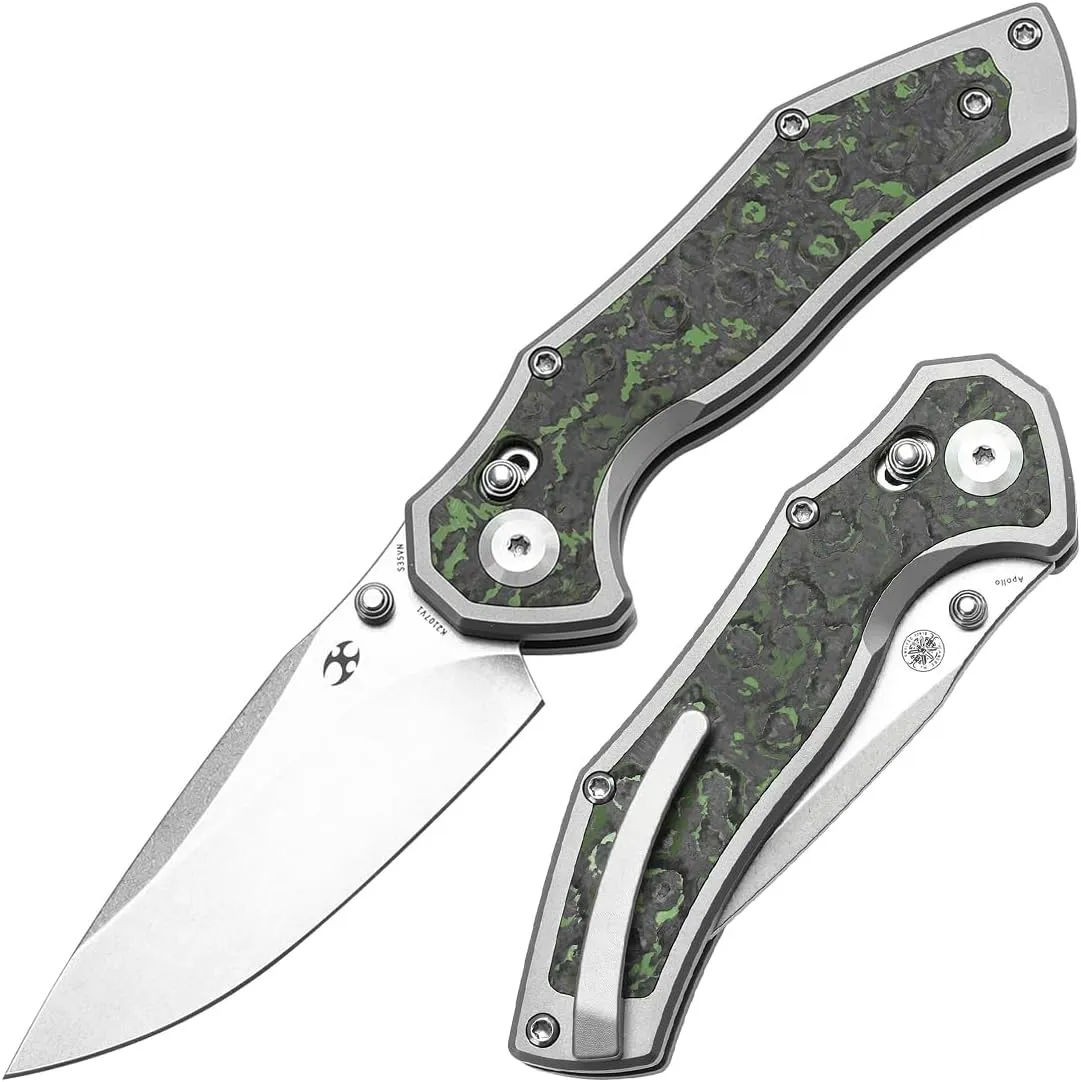 KANSEPT Apollo Pocket Knive, 3.11"Stonewashed CPM S35VN Blade, Titanium inlaid Jungle Fatcarbon Handle with Thumb Stud,Cross Bar Lock Folding for Men Women,Sharp Camping Survival Hiking Knives K2107V1