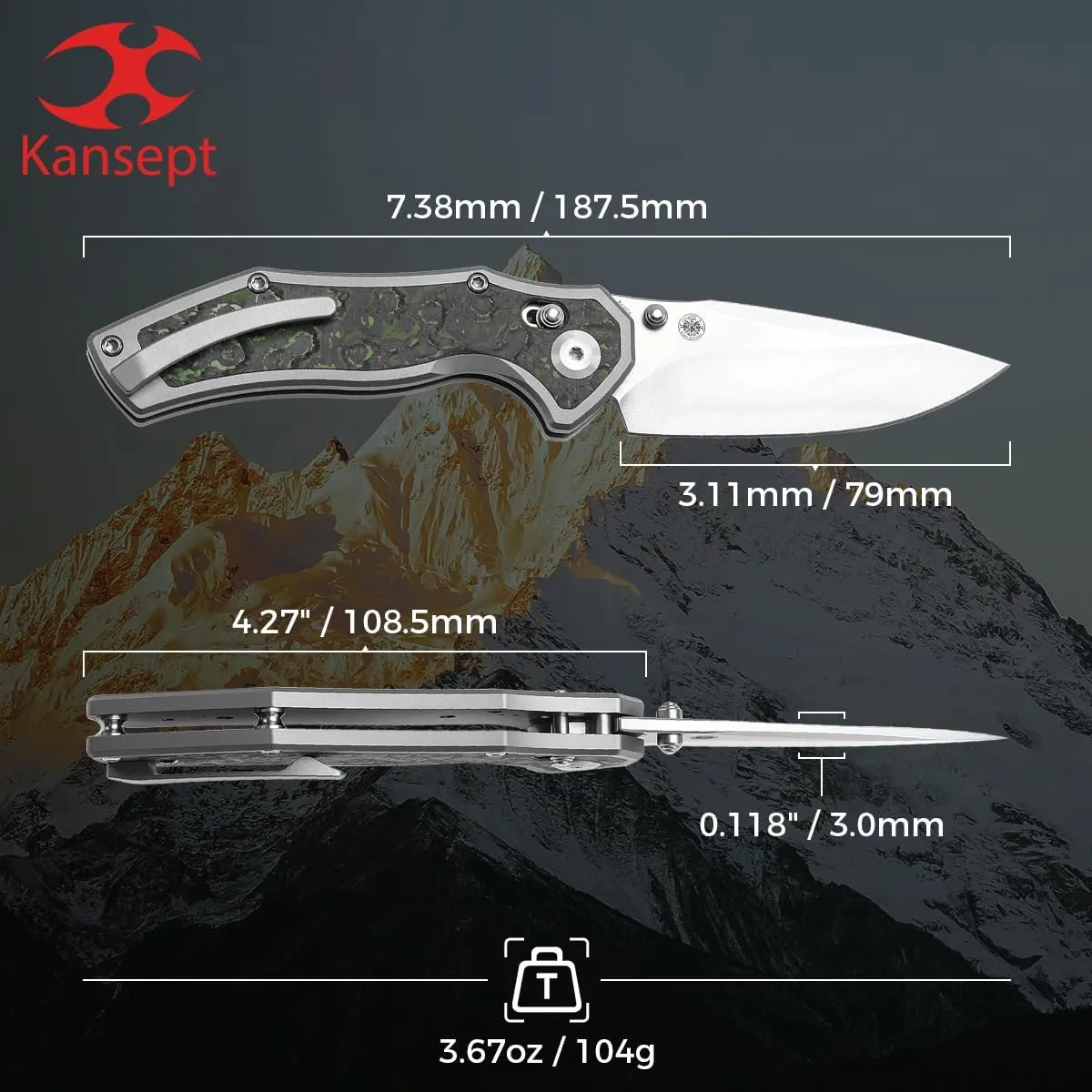KANSEPT Apollo Pocket Knive, 3.11"Stonewashed CPM S35VN Blade, Titanium inlaid Jungle Fatcarbon Handle with Thumb Stud,Cross Bar Lock Folding for Men Women,Sharp Camping Survival Hiking Knives K2107V1