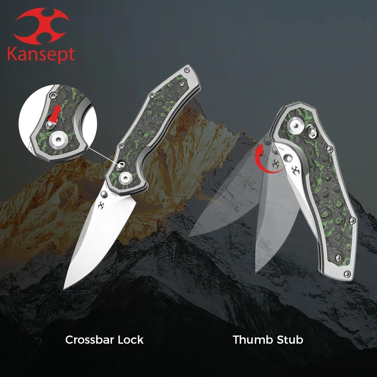 KANSEPT Apollo Pocket Knive, 3.11"Stonewashed CPM S35VN Blade, Titanium inlaid Jungle Fatcarbon Handle with Thumb Stud,Cross Bar Lock Folding for Men Women,Sharp Camping Survival Hiking Knives K2107V1