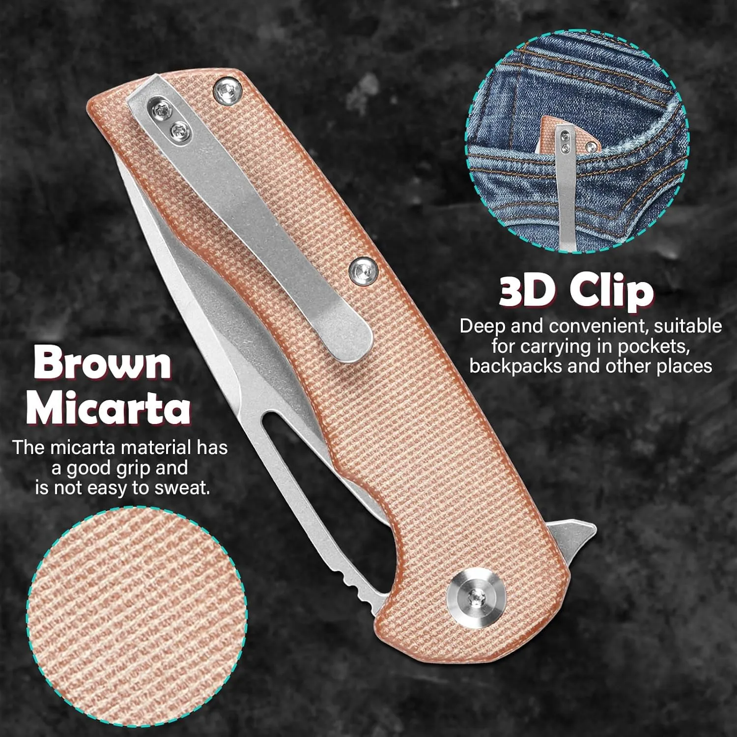 KANSEPT Kryo Pocket Knife 8.08in Folding Knives with 3.58in12C28N Steel Drop Point Blade and Brown Micarta Handle for Outdoor, Tactical, Survival and EDC T1001M4