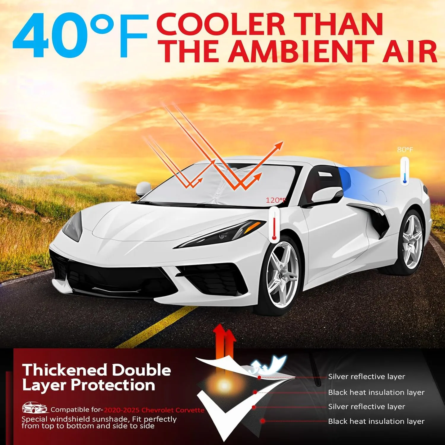 KAYZT Windshield Sun Shade for 2020-2025 Che-vrolet/Chevy Corvette C8 Foldable Sunshade Front Window Custom Fit Car Accessories