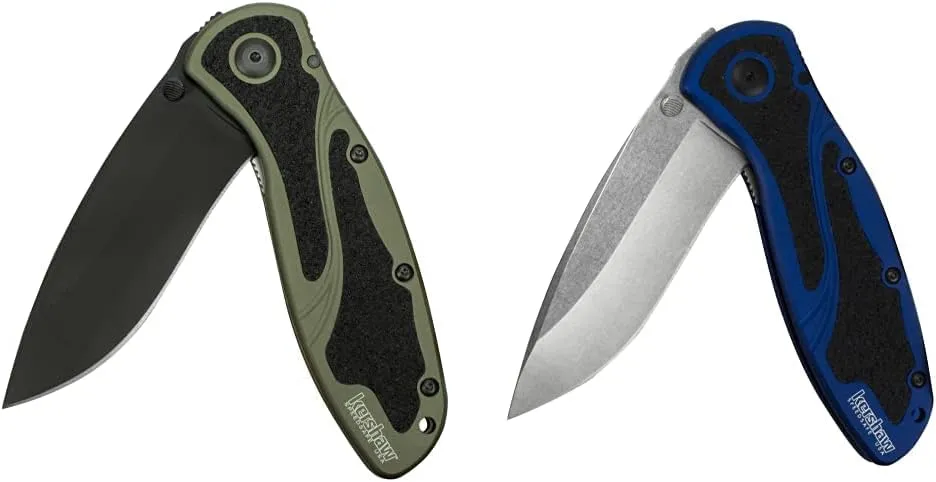 Kershaw Blur, Olive/Black Pocket Knife (1670OLBLK) & Blur Navy Blue Pocketknife, 3.4" Sandvik 14C28N Stainless Steel Recurved Blade, SpeedSafe Assisted Thumb-Stud Opening EDC