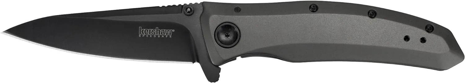 Kershaw Grid Pocketknife, 3.7" 8Cr13MoV Steel Drop Point Plain Edge Blade, Assisted One-Handed Flipper or Thumb Stud Opening, Frame Lock EDC,Grey/Black
