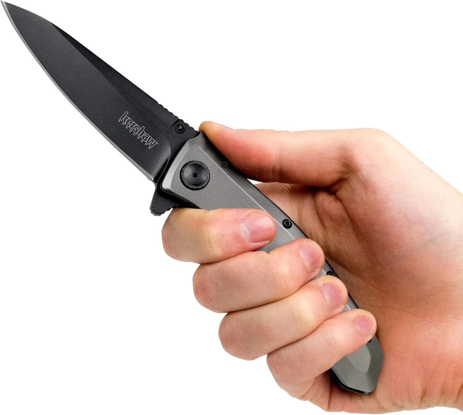 Kershaw Grid Pocketknife, 3.7" 8Cr13MoV Steel Drop Point Plain Edge Blade, Assisted One-Handed Flipper or Thumb Stud Opening, Frame Lock EDC,Grey/Black