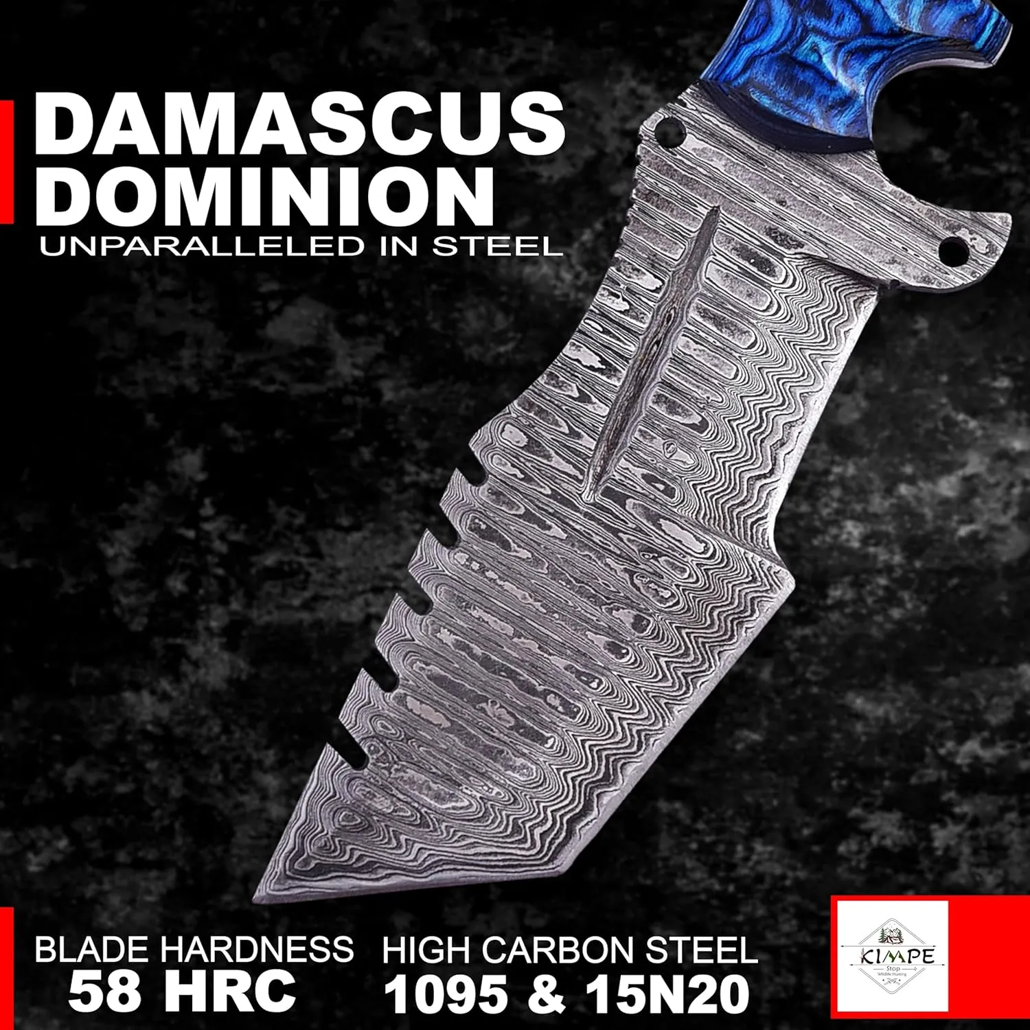 KIMPE 10.5'' Damascus Hunting Knife With Leather Sheath - Fixed Blade EDC, Bushcraft, Camping & Survival - Wood Handle - For Men (Pakka-Blue)