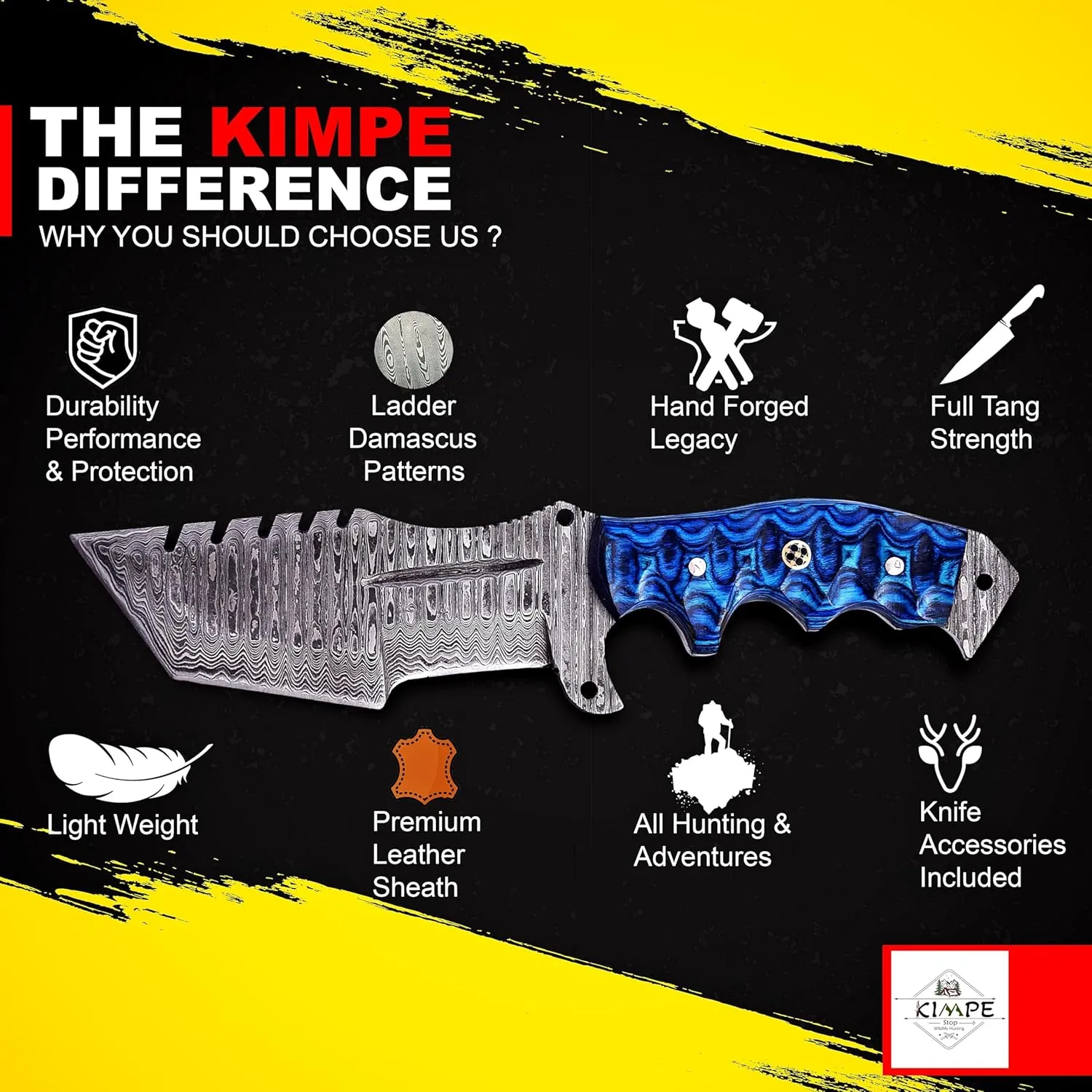 KIMPE 10.5'' Damascus Hunting Knife With Leather Sheath - Fixed Blade EDC, Bushcraft, Camping & Survival - Wood Handle - For Men (Pakka-Blue)