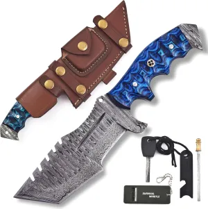 KIMPE 10.5'' Damascus Hunting Knife With Leather Sheath - Fixed Blade EDC, Bushcraft, Camping & Survival - Wood Handle - For Men (Pakka-Blue)