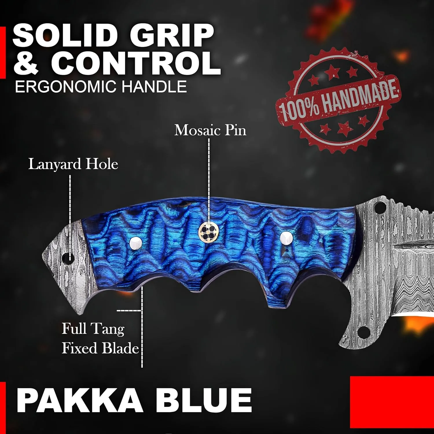 KIMPE 10.5'' Damascus Hunting Knife With Leather Sheath - Fixed Blade EDC, Bushcraft, Camping & Survival - Wood Handle - For Men (Pakka-Blue)