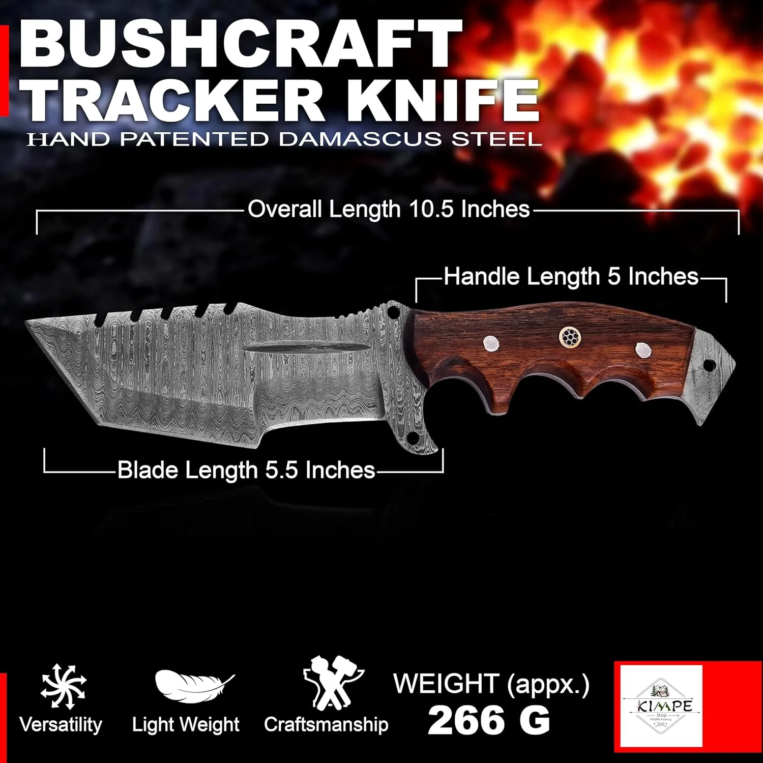 KIMPE 10.5’’ Damascus Hunting Knife with Leather Sheath-Fixed Blade EDC Knife-Bushcraft Knives-Wood Handle-Best Camping Knife & Survival Knife-Knives for Men. (Rose Wood)