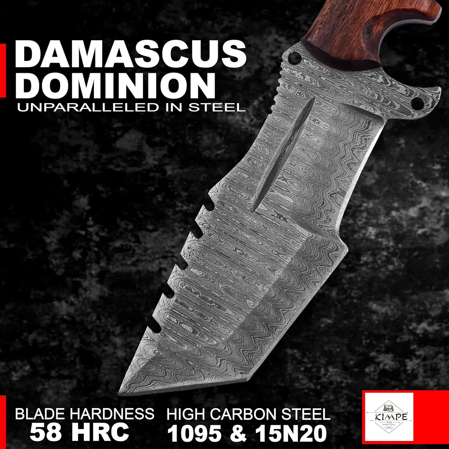 KIMPE 10.5’’ Damascus Hunting Knife with Leather Sheath-Fixed Blade EDC Knife-Bushcraft Knives-Wood Handle-Best Camping Knife & Survival Knife-Knives for Men. (Rose Wood)