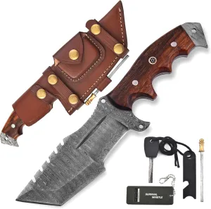 KIMPE 10.5’’ Damascus Hunting Knife with Leather Sheath-Fixed Blade EDC Knife-Bushcraft Knives-Wood Handle-Best Camping Knife & Survival Knife-Knives for Men. (Rose Wood)