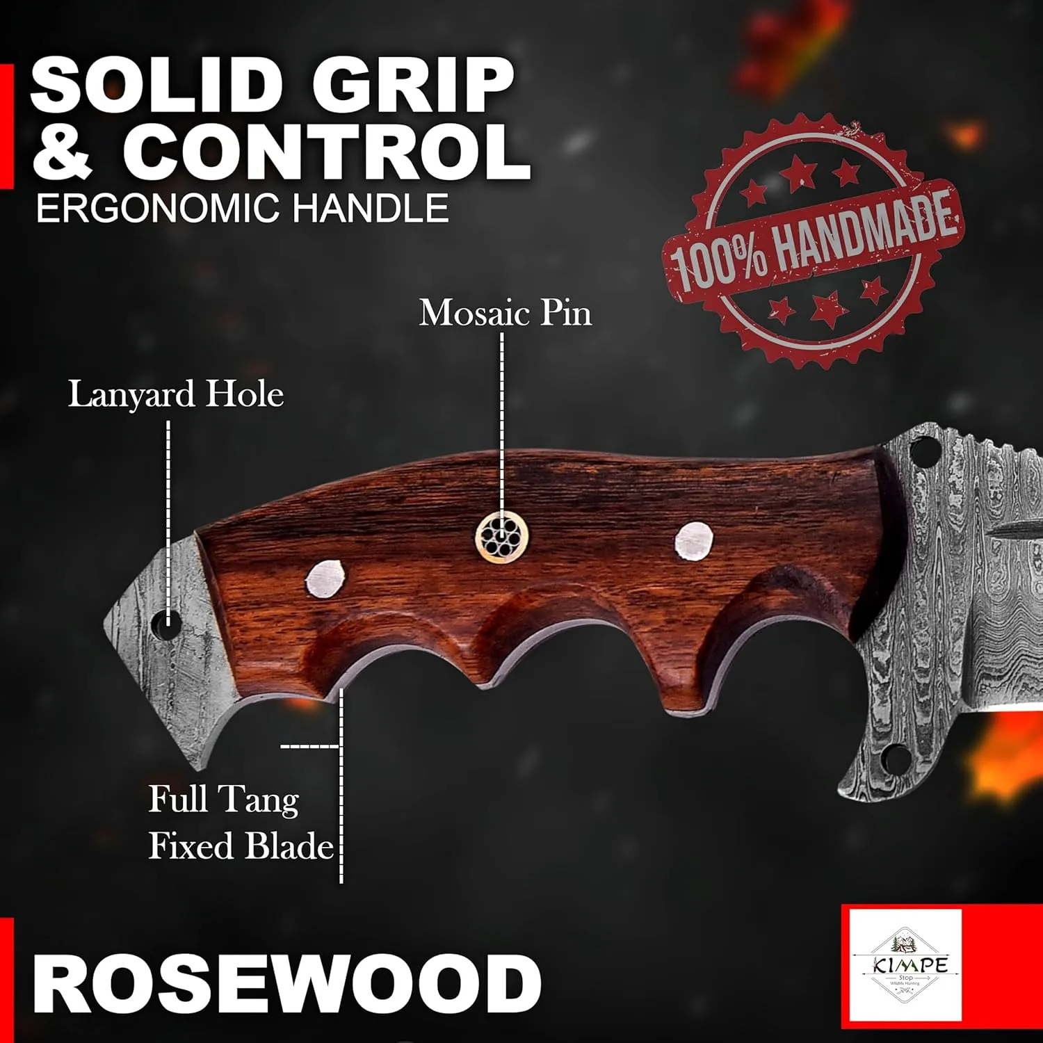 KIMPE 10.5’’ Damascus Hunting Knife with Leather Sheath-Fixed Blade EDC Knife-Bushcraft Knives-Wood Handle-Best Camping Knife & Survival Knife-Knives for Men. (Rose Wood)