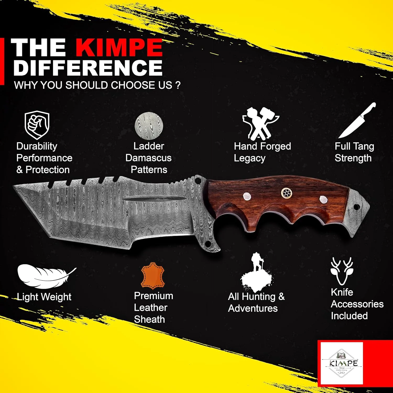 KIMPE 10.5’’ Damascus Hunting Knife with Leather Sheath-Fixed Blade EDC Knife-Bushcraft Knives-Wood Handle-Best Camping Knife & Survival Knife-Knives for Men. (Rose Wood)