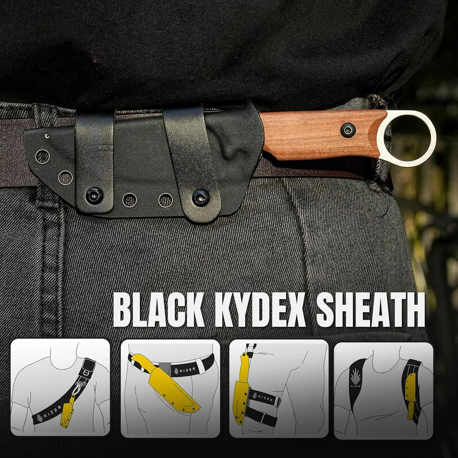Kizer Cabox Fixed Blade Hunting Knife - 3.36" 154CM Steel, Mkuruti Wood Handle, Sheath Included - Survival Camping Knife 1048M3