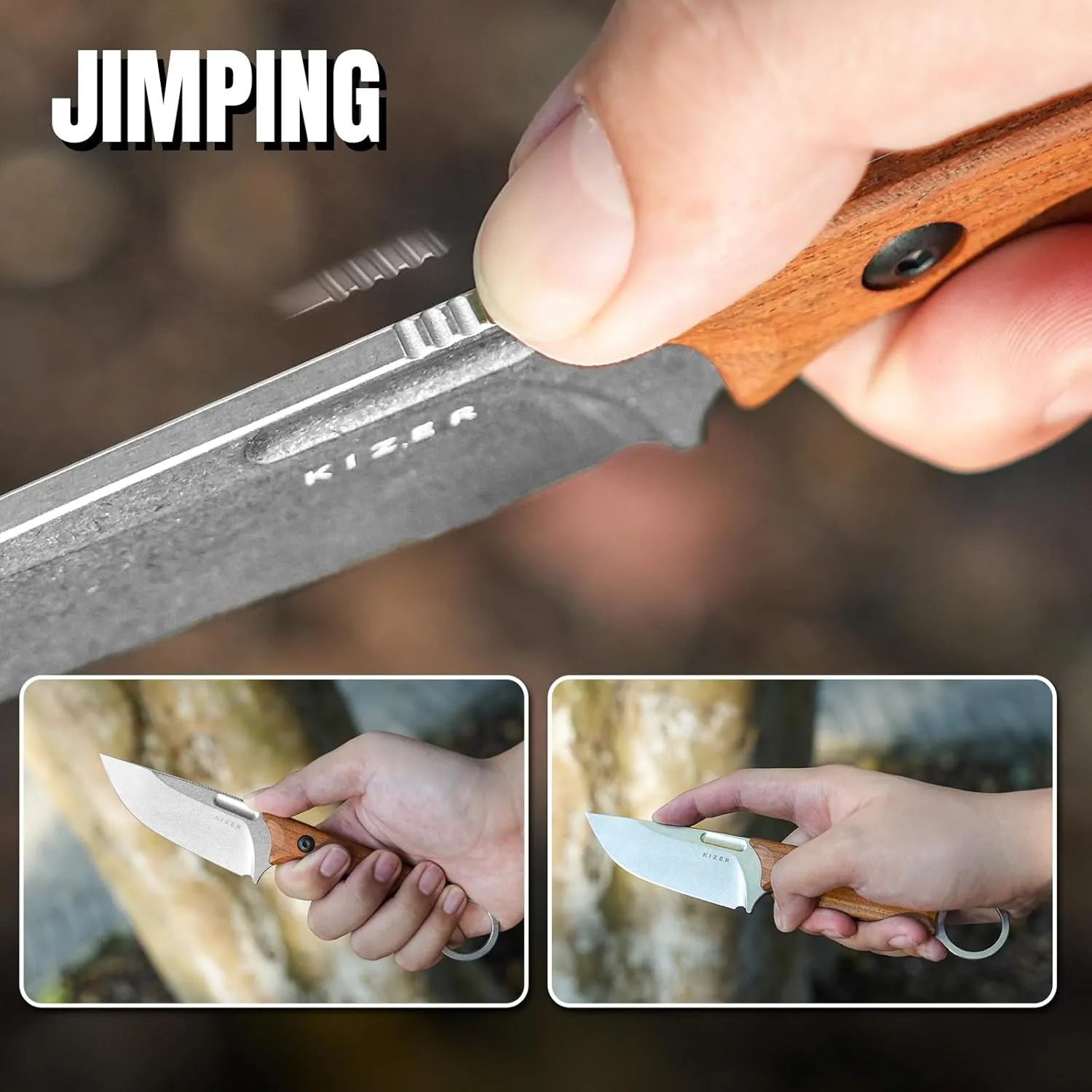 Kizer Cabox Fixed Blade Hunting Knife - 3.36" 154CM Steel, Mkuruti Wood Handle, Sheath Included - Survival Camping Knife 1048M3