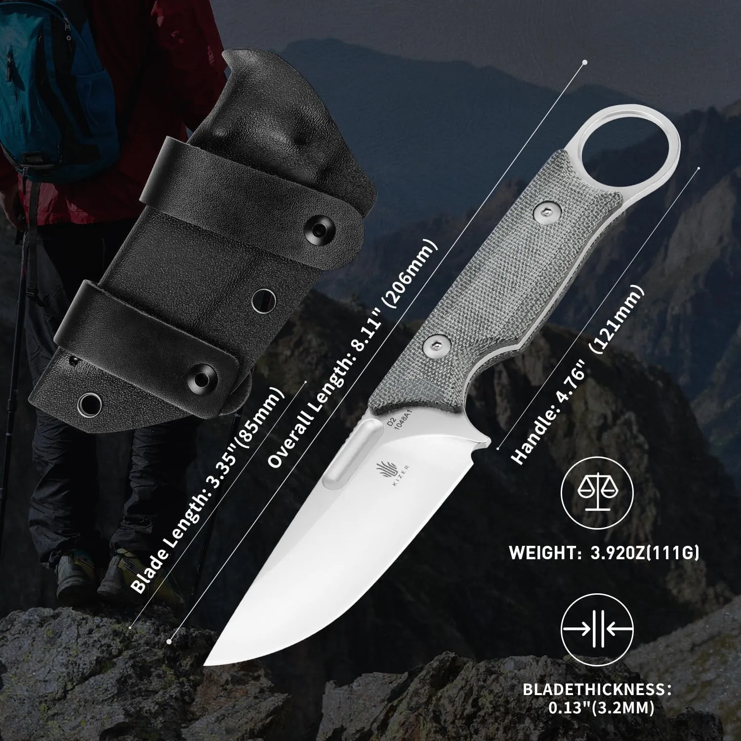 Kizer Cabox Fixed Blade Knife 3.35 Inches D2 Steel Fixed Blade Hunting Knife Micarta Handle with Sheath Pocket Knife1048A1