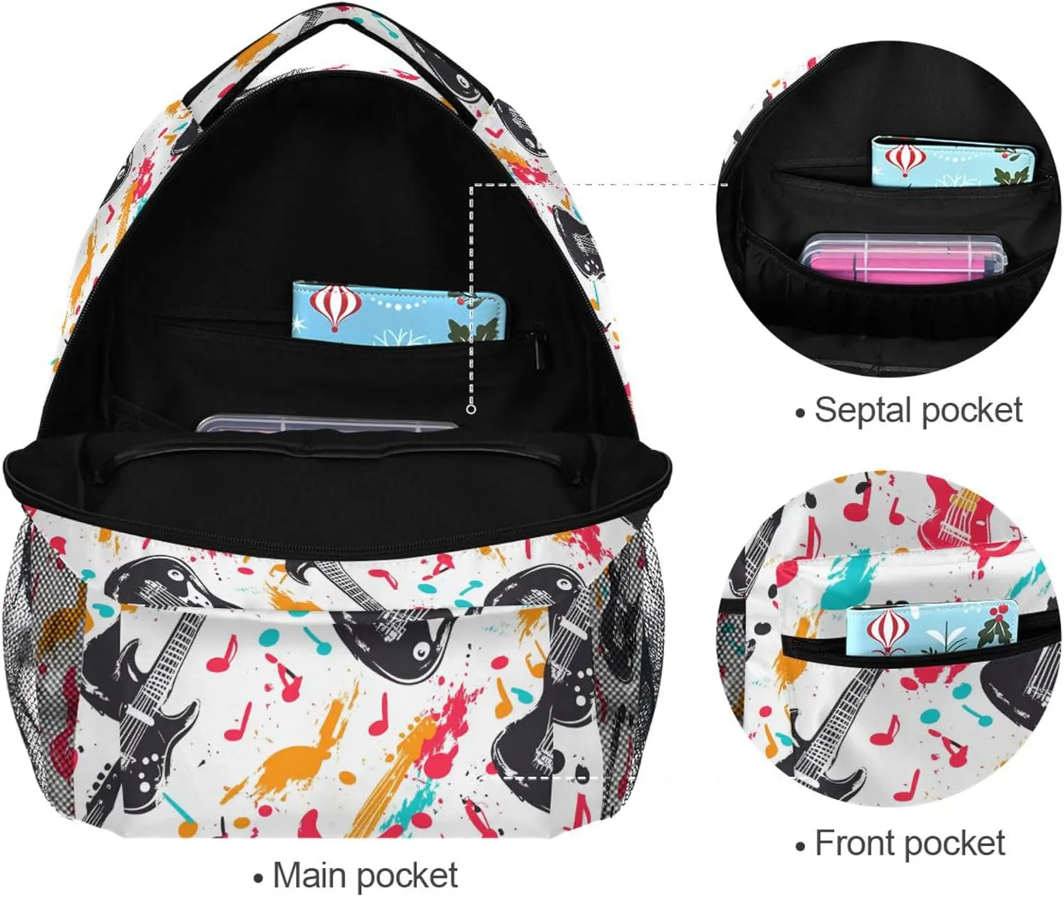 KLL Backpacks for Unisex Adult Fashion Business Work Bag with Chest Strap for College Work Retro Musical Rock White