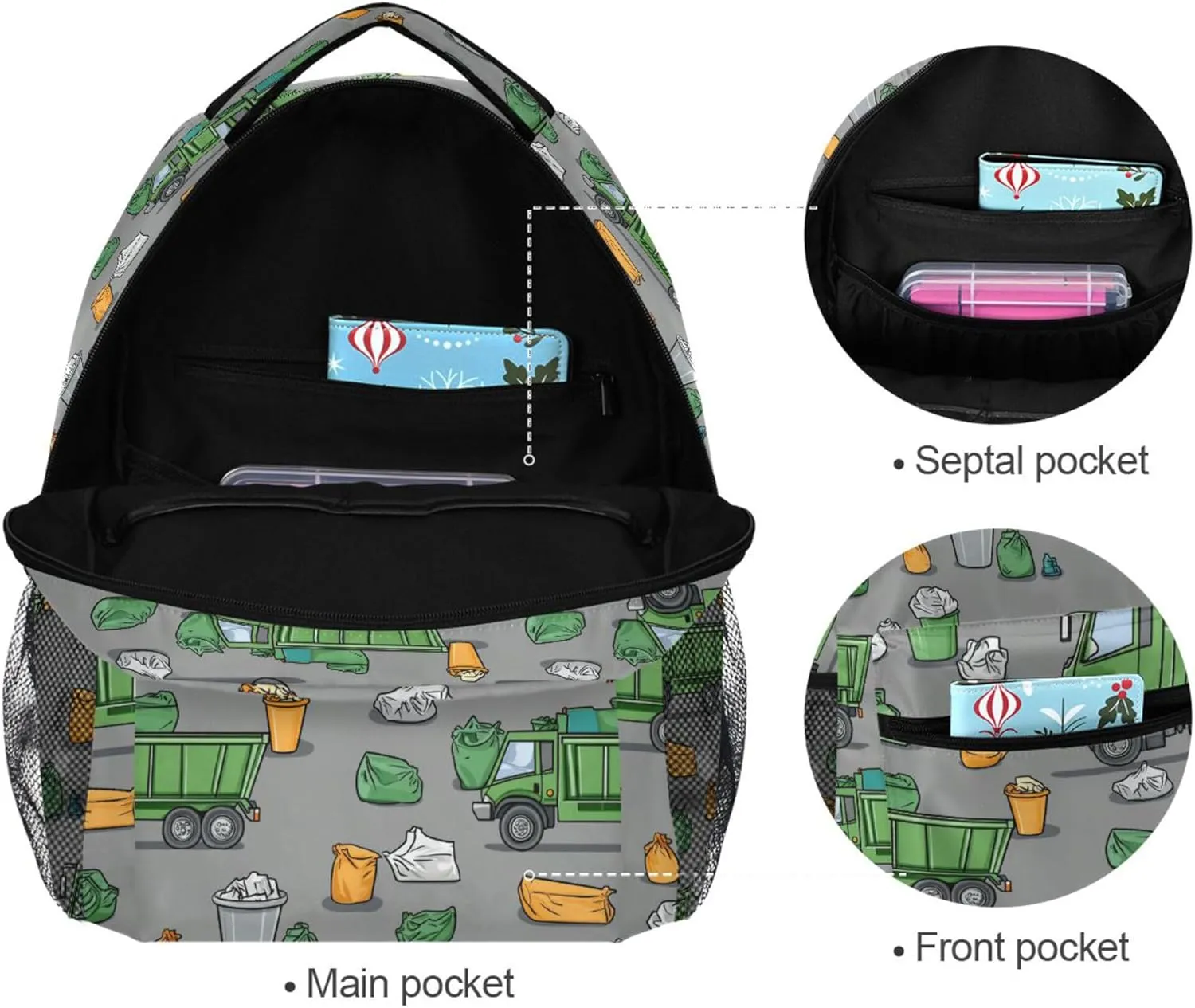 KLL Backpacks for Women Men Fashion Backpack with Chest Strap for College Work Garbage Trucks Street Cleaning Trucks Trash Bins