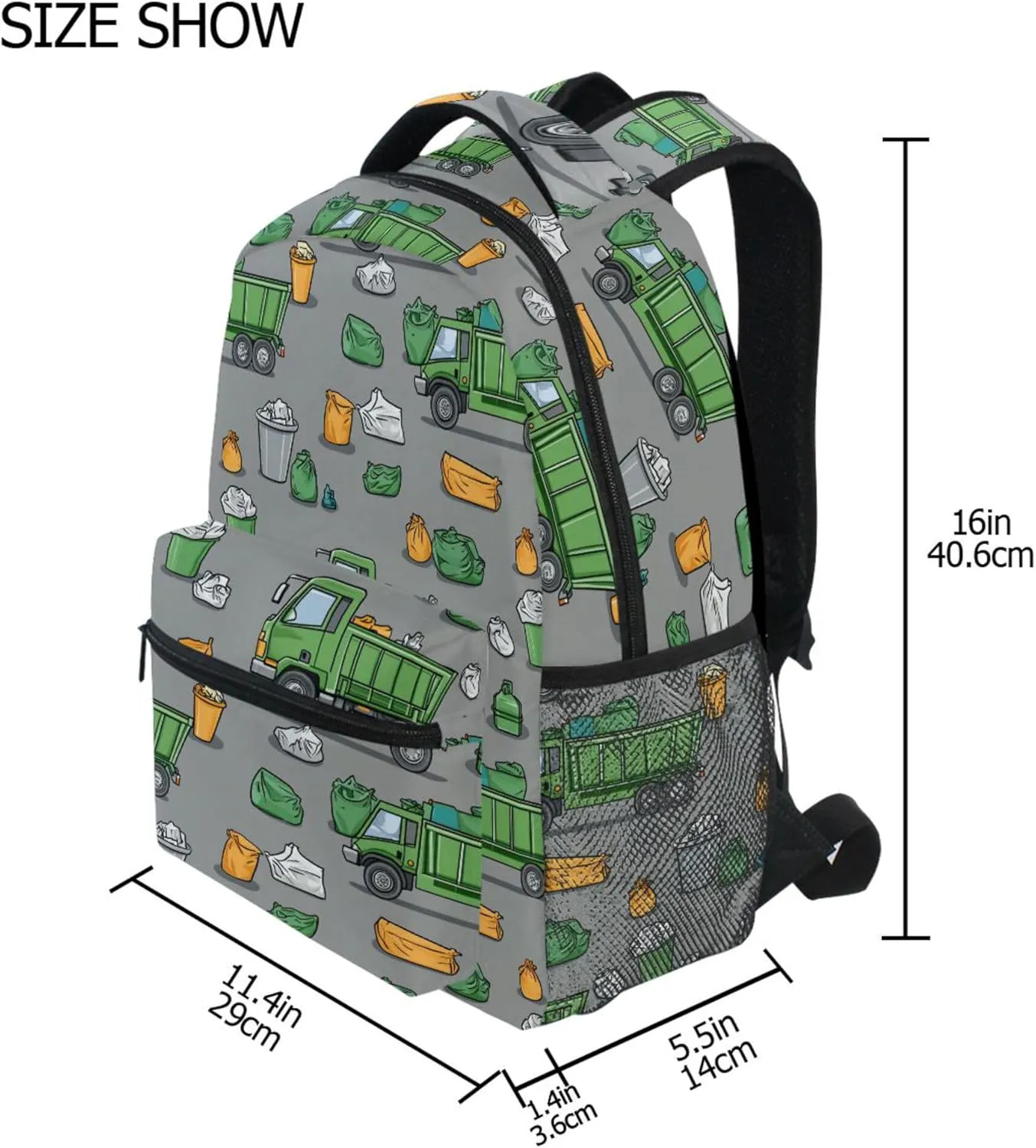 KLL Backpacks for Women Men Fashion Backpack with Chest Strap for College Work Garbage Trucks Street Cleaning Trucks Trash Bins