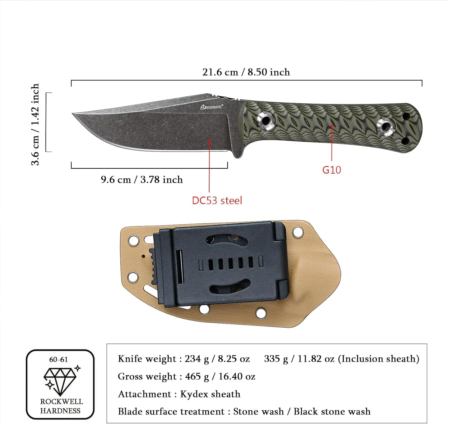 Knives DC53 Steel EDC Tactical Fixed Blade Knife G10 Handle with kydex sheath for Men Camping Survival Hunting Outdoor (Black Green)