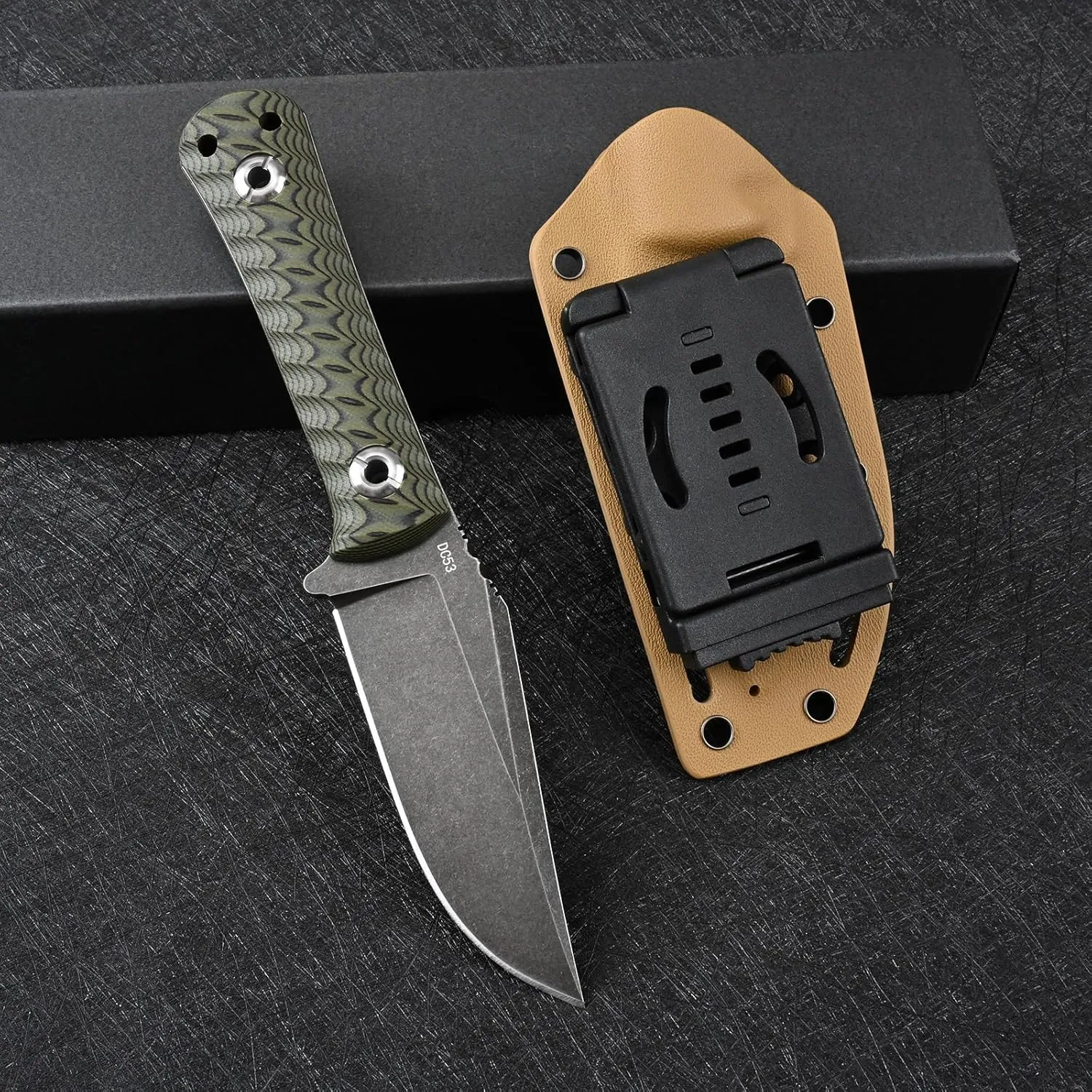Knives DC53 Steel EDC Tactical Fixed Blade Knife G10 Handle with kydex sheath for Men Camping Survival Hunting Outdoor (Black Green)