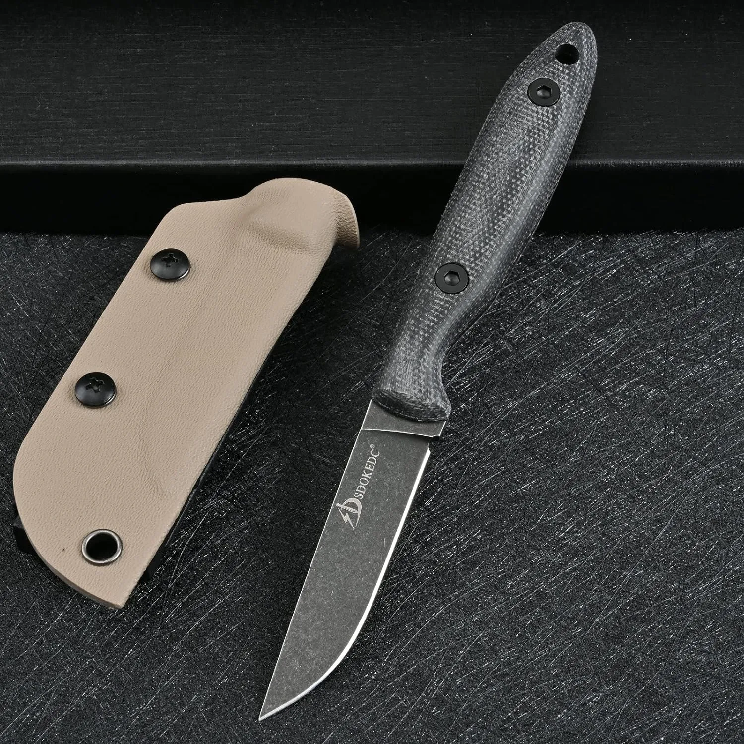 Knives DC53 Steel Tactical Fixed Blade Knife with kydex sheath for Men EDC Outdoor Camping Survival Hunting (Black stone wash)
