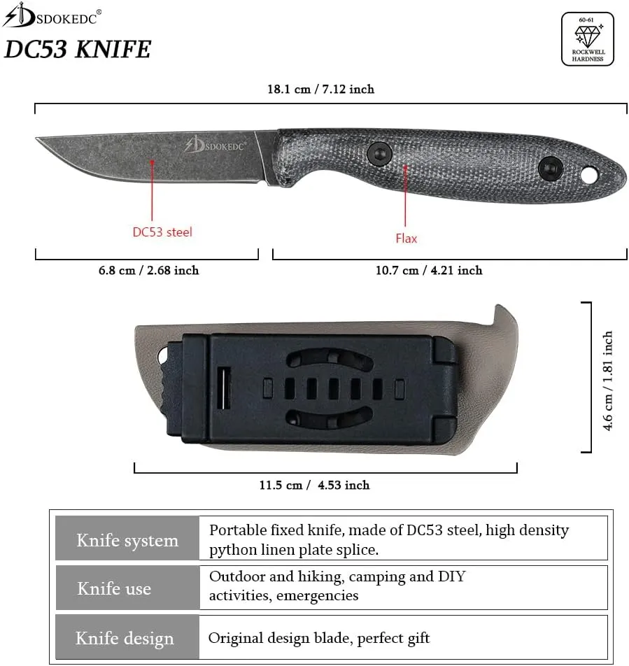 Knives DC53 Steel Tactical Fixed Blade Knife with kydex sheath for Men EDC Outdoor Camping Survival Hunting (Black stone wash)