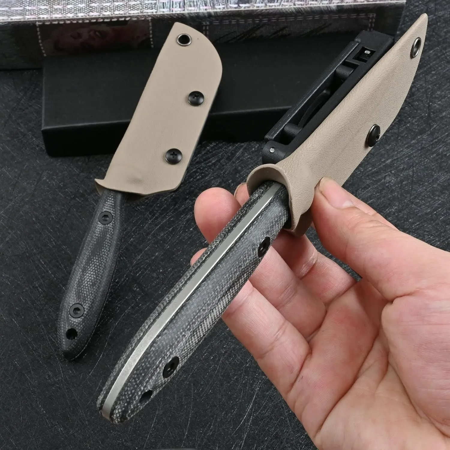 Knives DC53 Steel Tactical Fixed Blade Knife with kydex sheath for Men EDC Outdoor Camping Survival Hunting (Black stone wash)