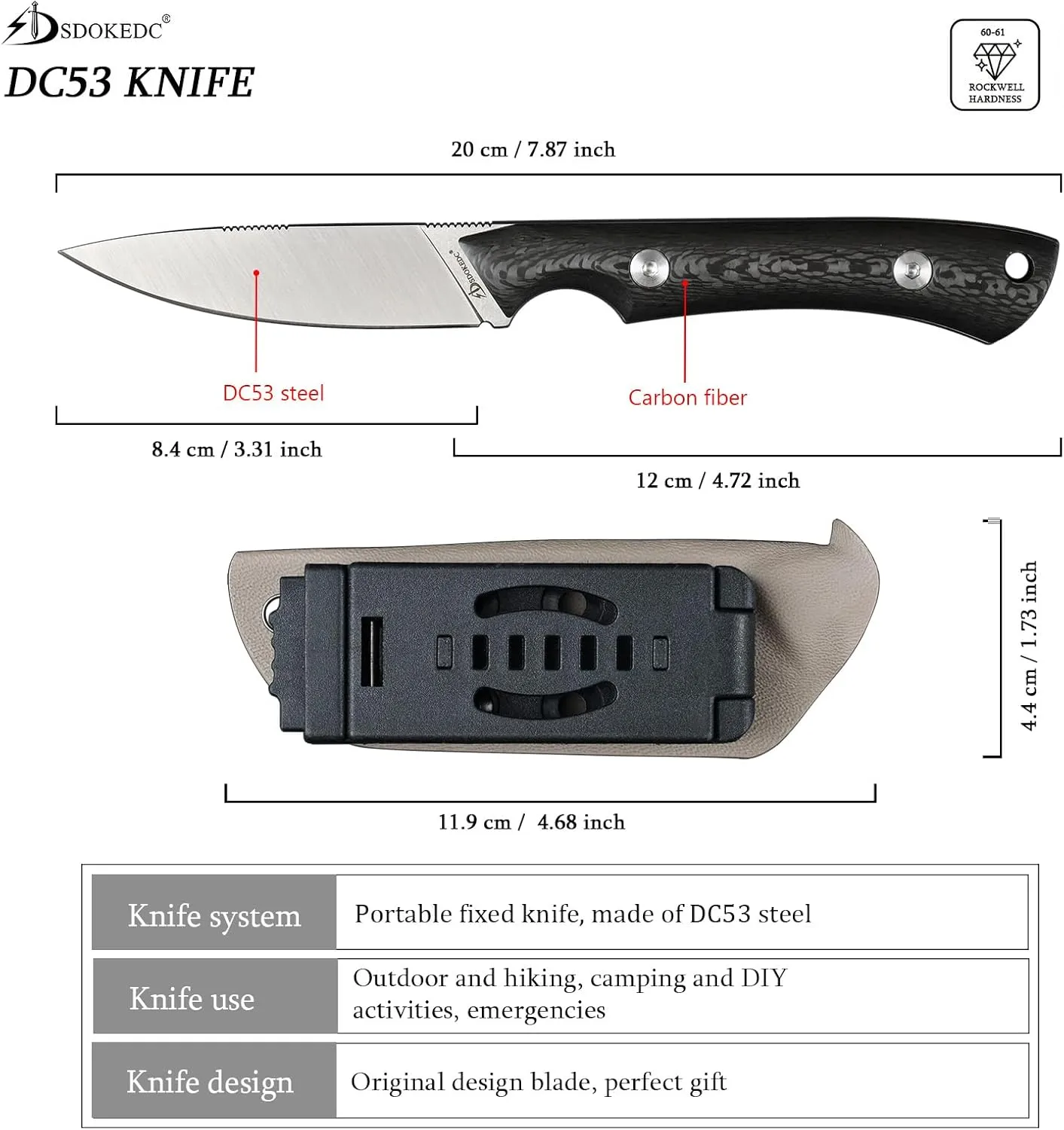 Knives DC53 Steel Tactical Fixed Blade Knife with kydex sheath for Men EDC Outdoor Camping Survival Hunting (Carbon Fiber Handle)