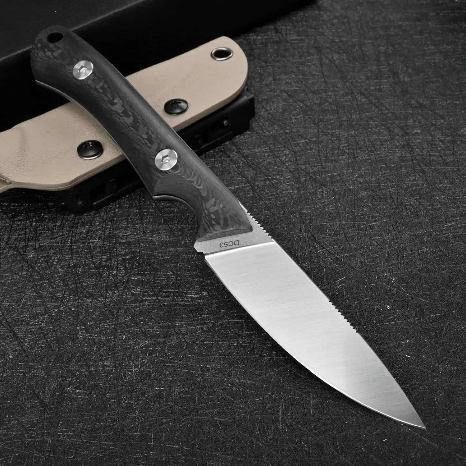 Knives DC53 Steel Tactical Fixed Blade Knife with kydex sheath for Men EDC Outdoor Camping Survival Hunting (Carbon Fiber Handle)