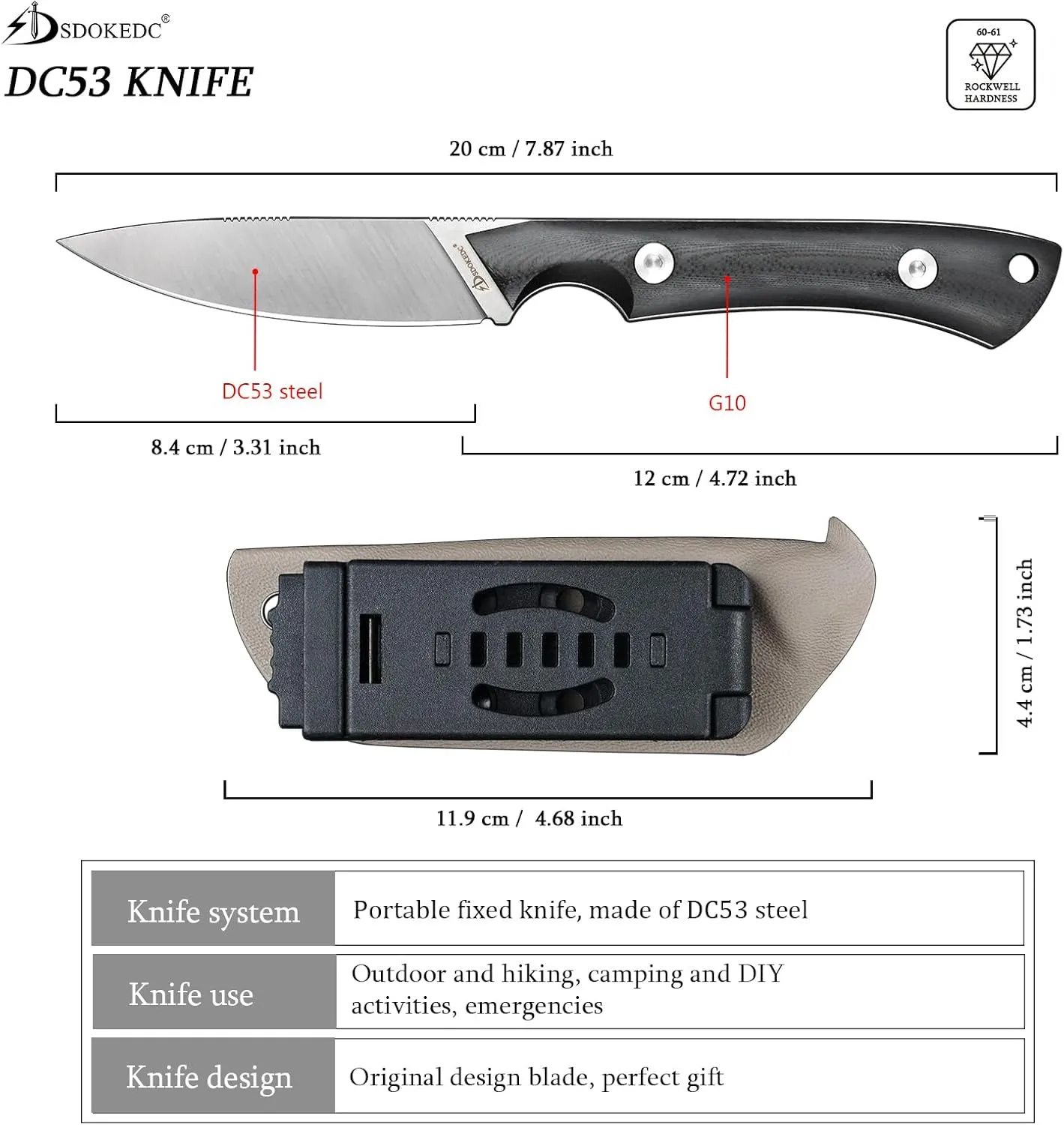 Knives DC53 Steel Tactical Fixed Blade Knife with kydex sheath for Men EDC Outdoor Camping Survival Hunting (White G10 Black)