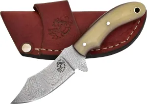 Knives Ranch Damascus EDC Fixed Blade Knife - Bone Handle, Horizontal Carry Cowboy Sheath, Survival & Skinning Knife (2085-B)