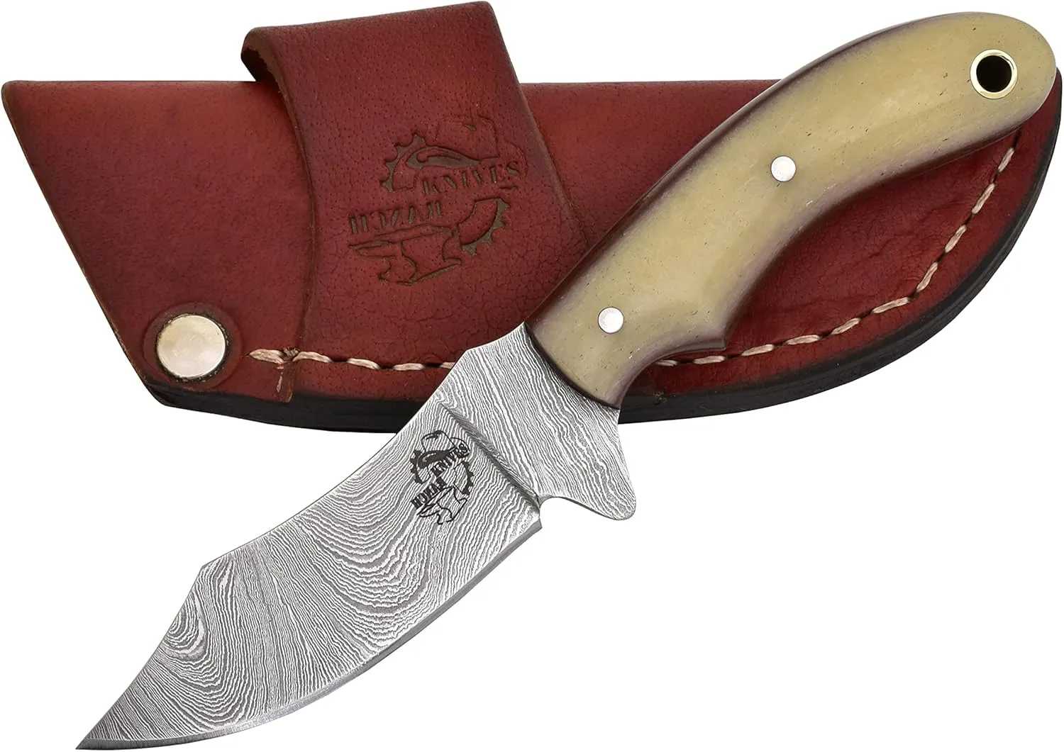 Knives Ranch Damascus EDC Fixed Blade Knife - Bone Handle, Horizontal Carry Cowboy Sheath, Survival & Skinning Knife (2085-B)