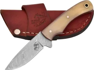 Knives Ranch Handmade Damascus Steel Full Tang 6-1/2" Overall Length Finger Groove Knife with Bone Handle Fine Quality Horizontal/Cowboy Leather Sheath Snug Fit (3055-B)