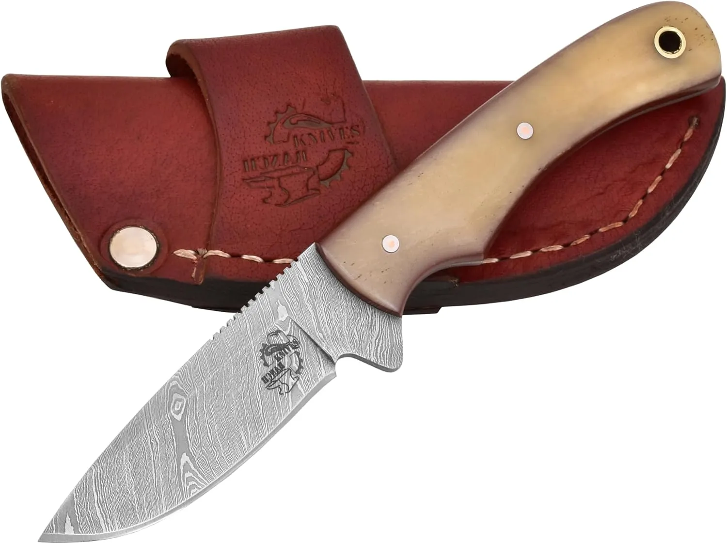 Knives Ranch Handmade Damascus Steel Full Tang 6-1/2" Overall Length Finger Groove Knife with Bone Handle Fine Quality Horizontal/Cowboy Leather Sheath Snug Fit (3055-B)