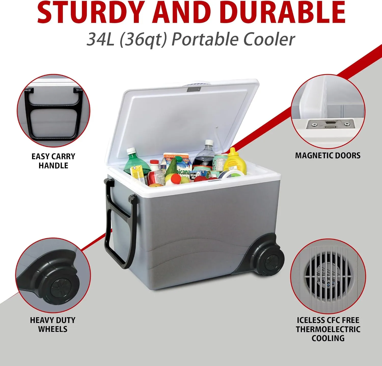 Koolatron Portable Cooler - Electric Cooler for Car, Camping, Travel, 12 V Insulated Hard Sided Refrigerator for Vehicle, Boat, Truck, No Ice Cooling, Cools Drinks,Food for Road Trip, 36 qt