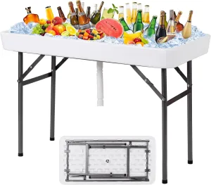 KOTEK Folding Ice Cooler Table with Matching Skirt & Drain Hose, Foldable Beverage Cooler Buffet Cooler Server, Portable Chill Table for Party, Picnic, BBQ, Camping (White)