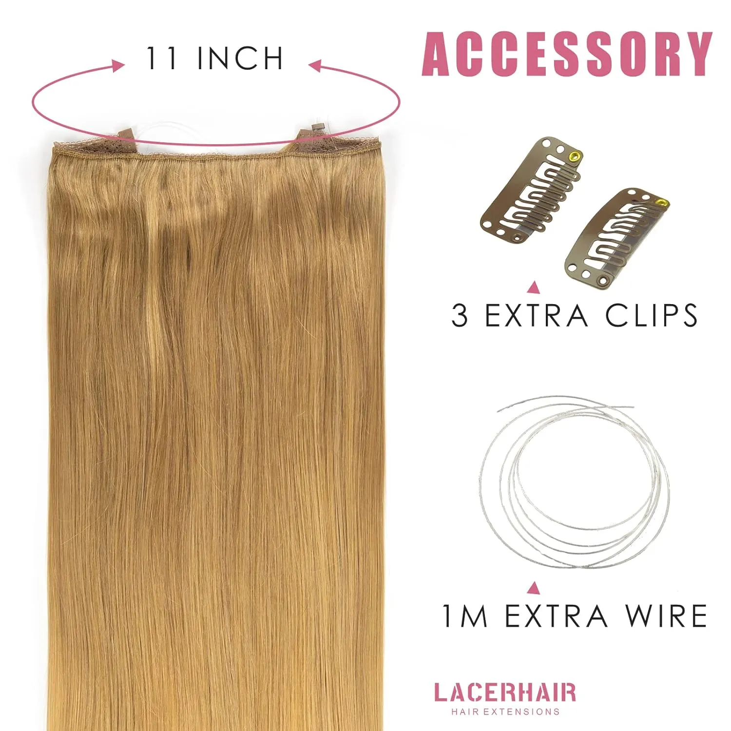 Lacer Hair Wire Extensions for Women Dark Blonde Human Hair Wire Extensions Secret Fish Line with Adjustable Headband 20 Inch 110g #27