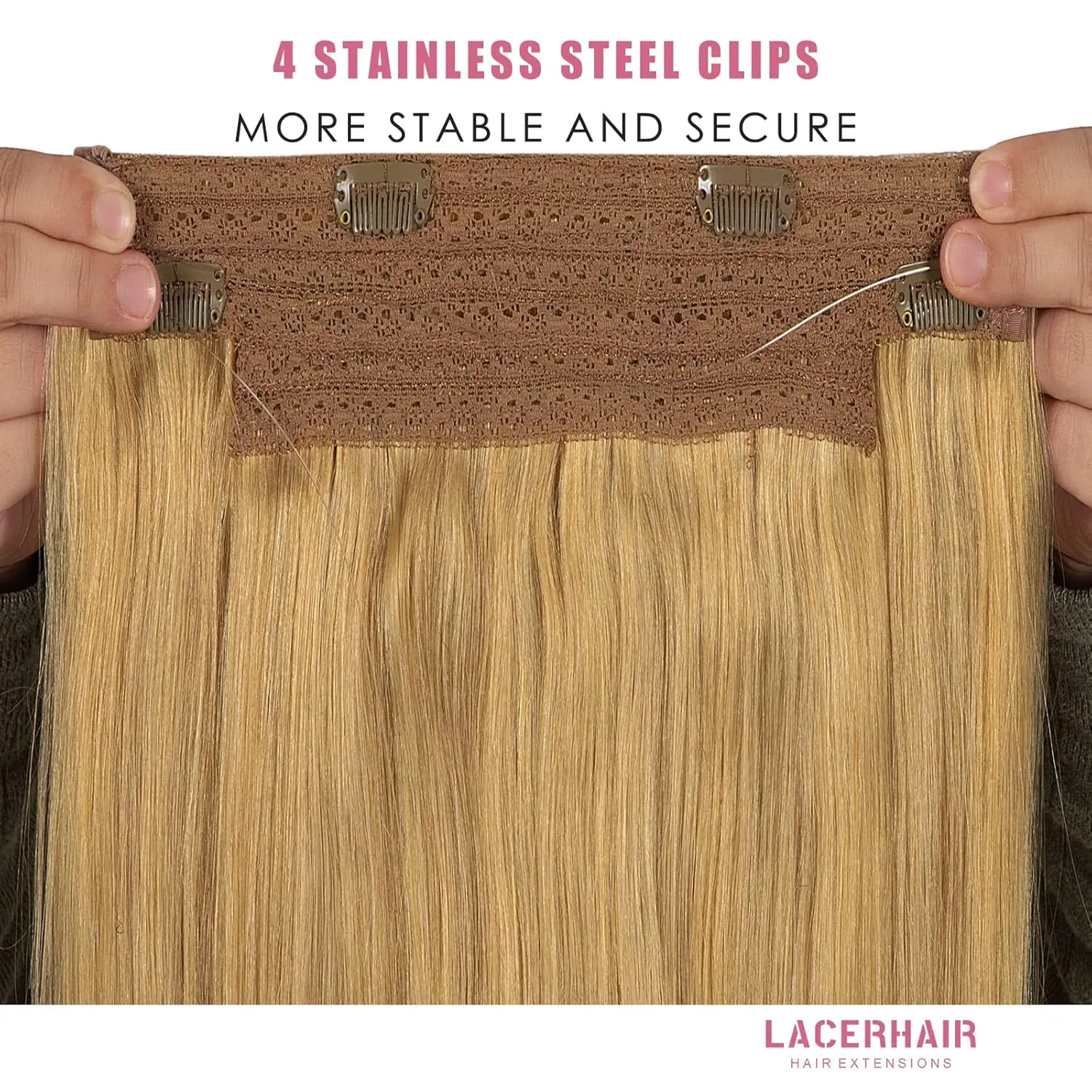 Lacer Hair Wire Extensions for Women Dark Blonde Human Hair Wire Extensions Secret Fish Line with Adjustable Headband 20 Inch 110g #27