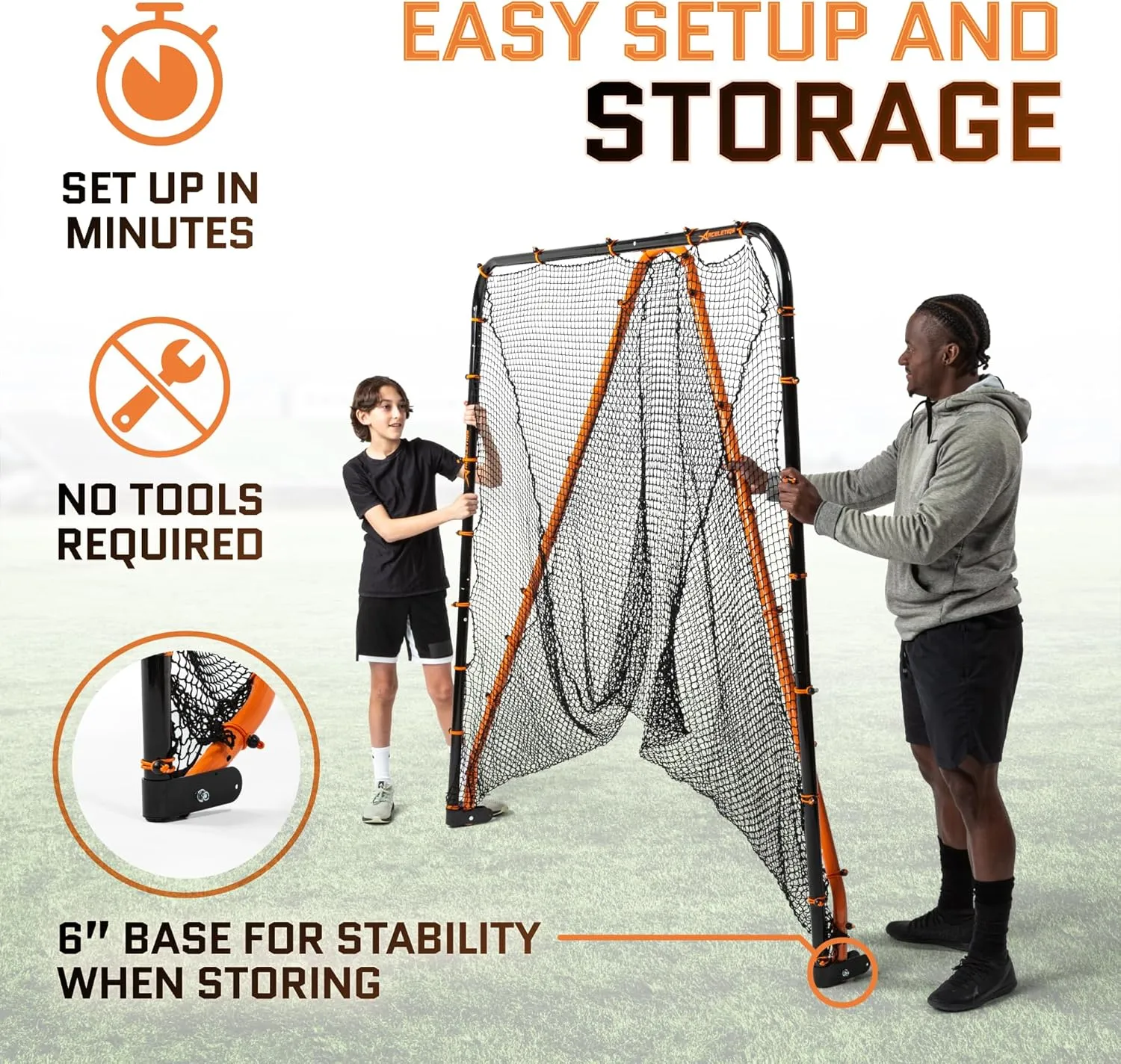 Lacrosse Goal Net (6'W x 6'H x 7'D) Folding Lacrosse Net for Backyard | Powder Coated Steel Frame, UV Treated Netting, Use with Rebounder & Backstop Goal Nets [Includes Carrying Bag & U Stakes]