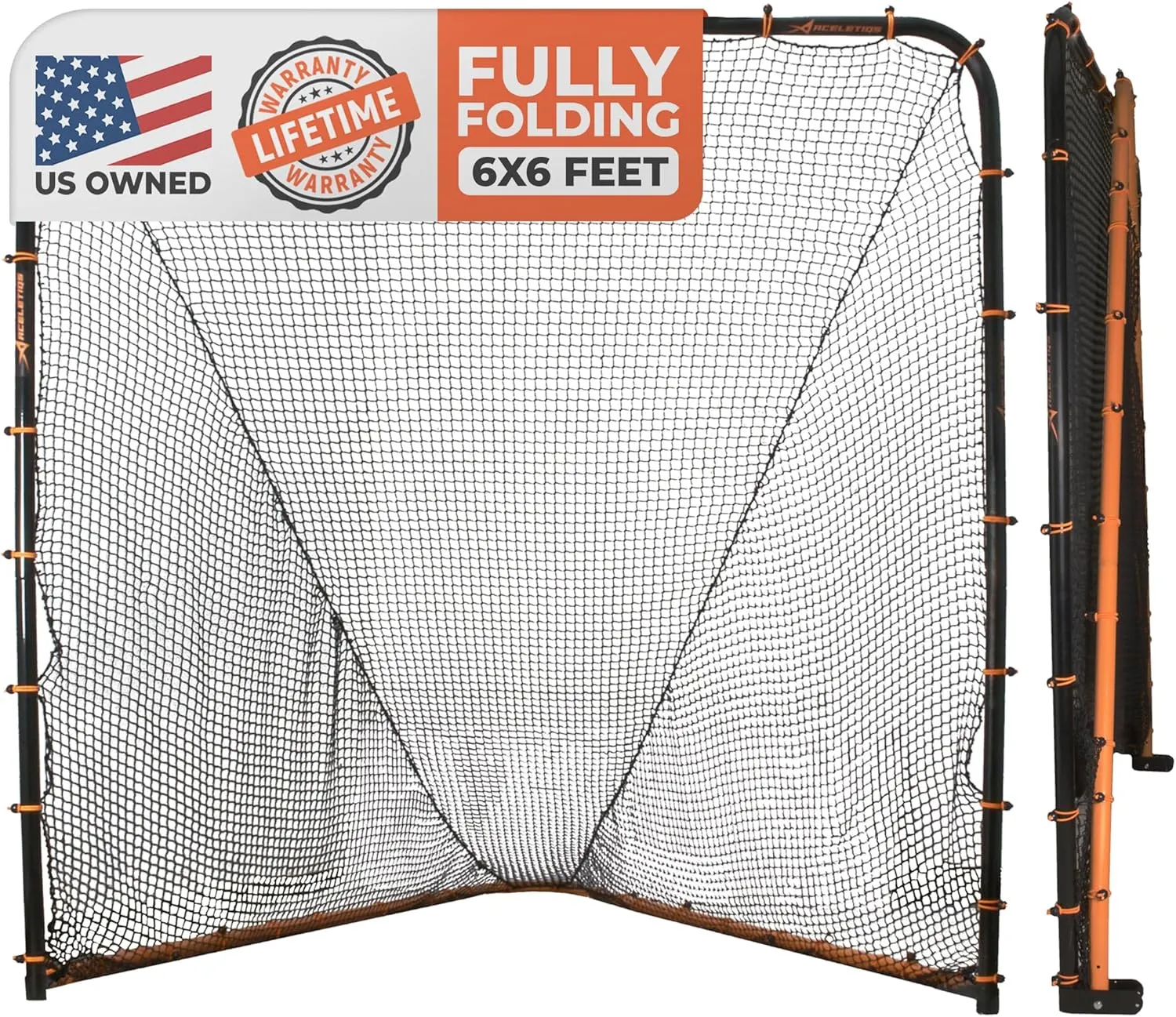 Lacrosse Goal Net (6'W x 6'H x 7'D) Folding Lacrosse Net for Backyard | Powder Coated Steel Frame, UV Treated Netting, Use with Rebounder & Backstop Goal Nets [Includes Carrying Bag & U Stakes]