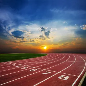 Laeacco 10x10ft Dusk Running Track Backdrop Vinyl Photography Background Red Runway Grassland Athletics Match Starting Line Sunset Children Kids Portrait Photo Studio