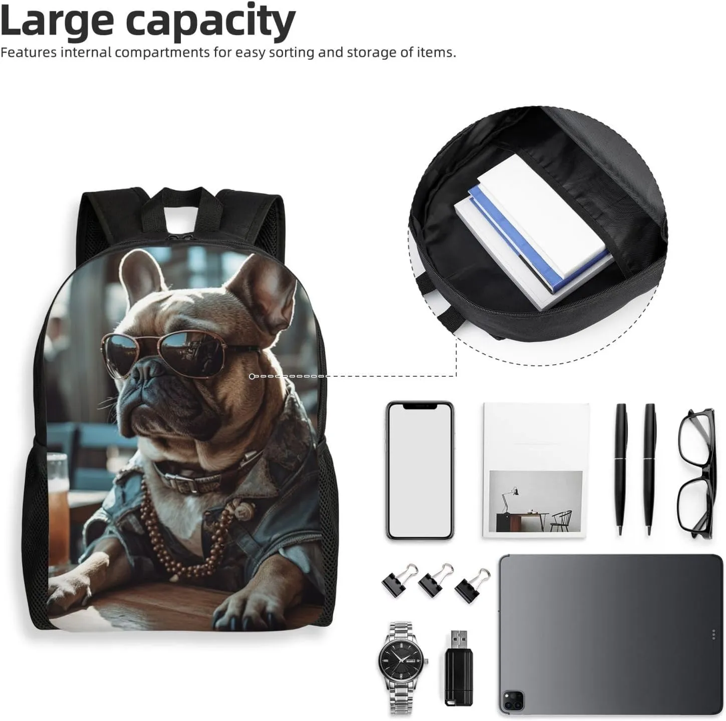 Laptop Backpack for Women Men Carry-on Backpack Bulldog Wearing Sunglasses Daypack Lightweight Travel Shoulder Bags