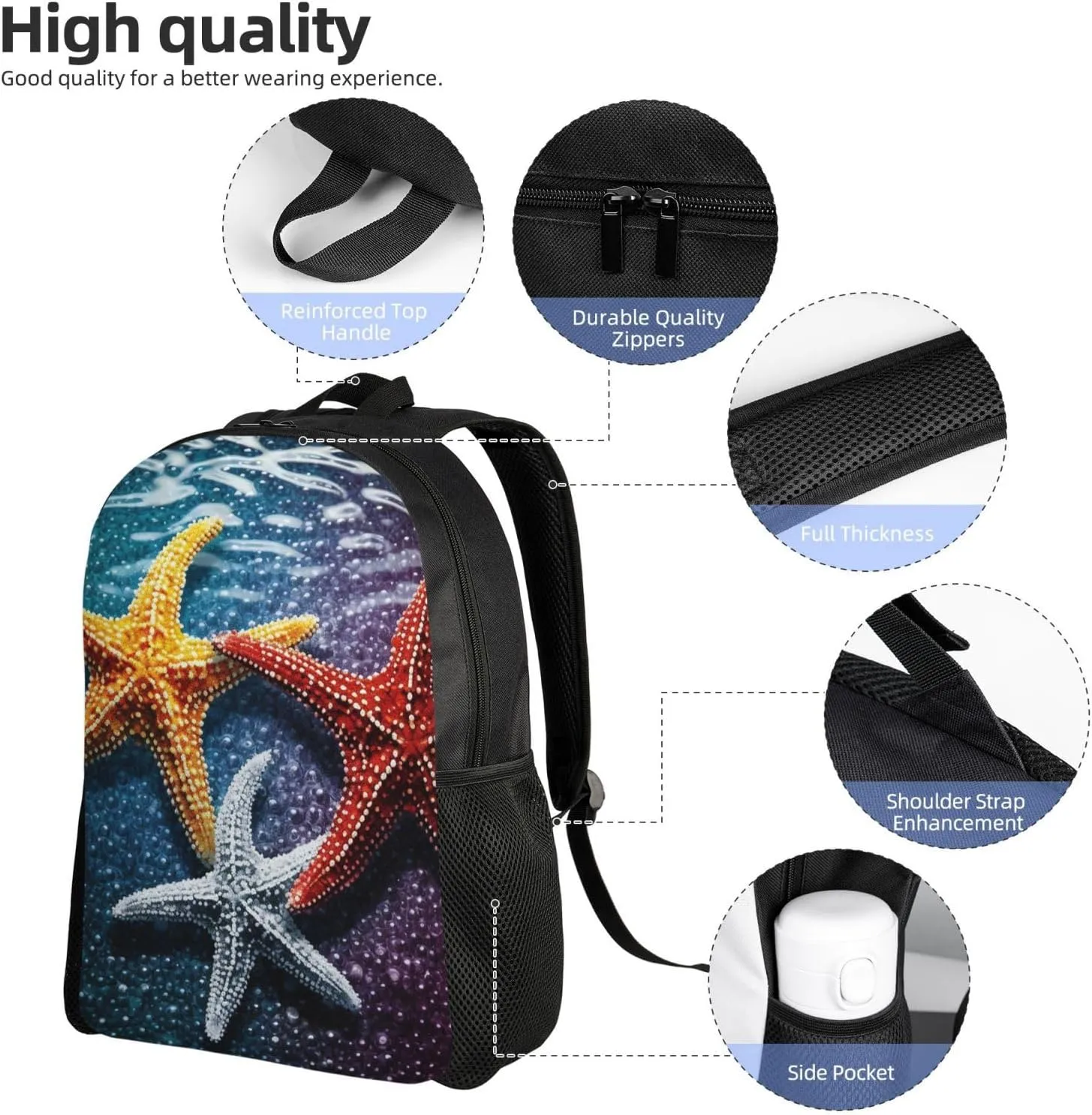 Laptop Backpack for Women Men Carry-on Backpack Three Colorful Starfish Daypack Lightweight Travel Shoulder Bags