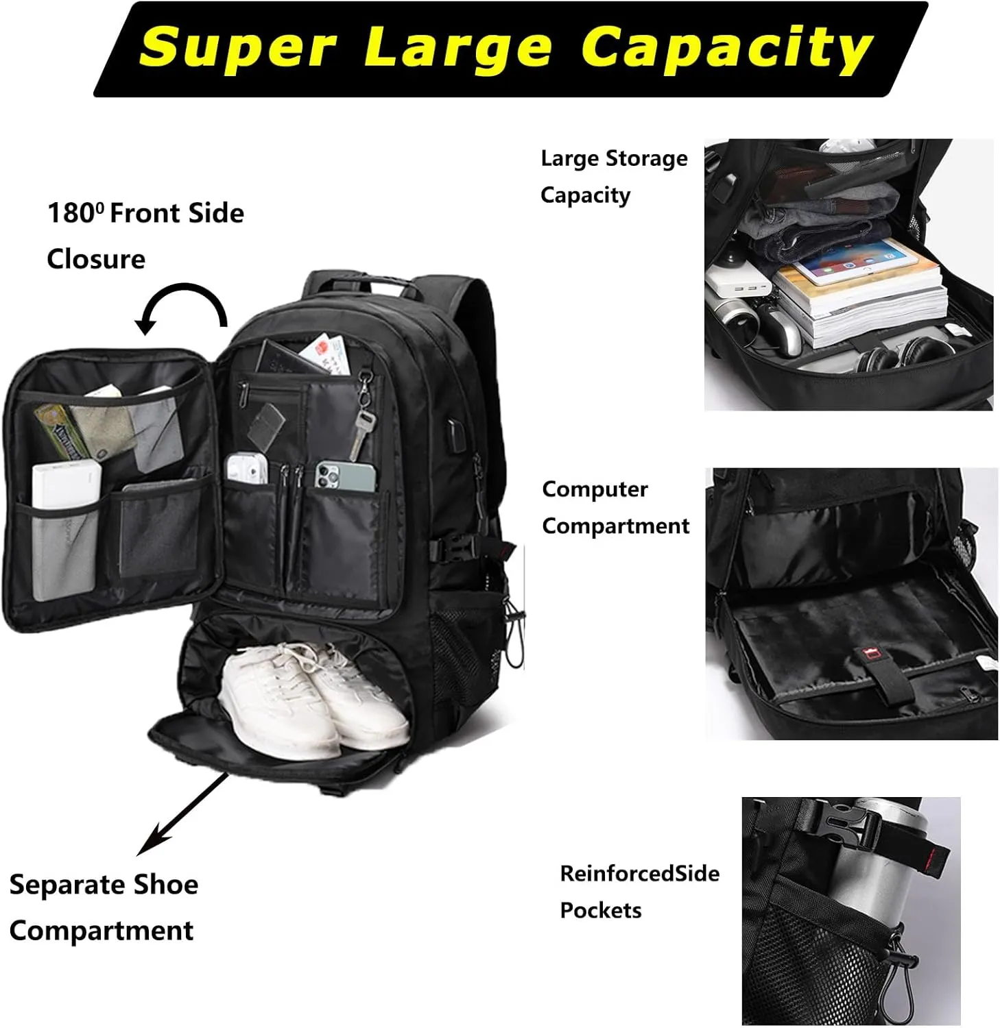 Large Capacity Hiking Backpack Outdoor Sports Travel Backpack for Men Women Waterproof Lightweight Wear-Resistant Shoulder Bag Suitable For Climbing Touring Expandable Capacity 60L Black